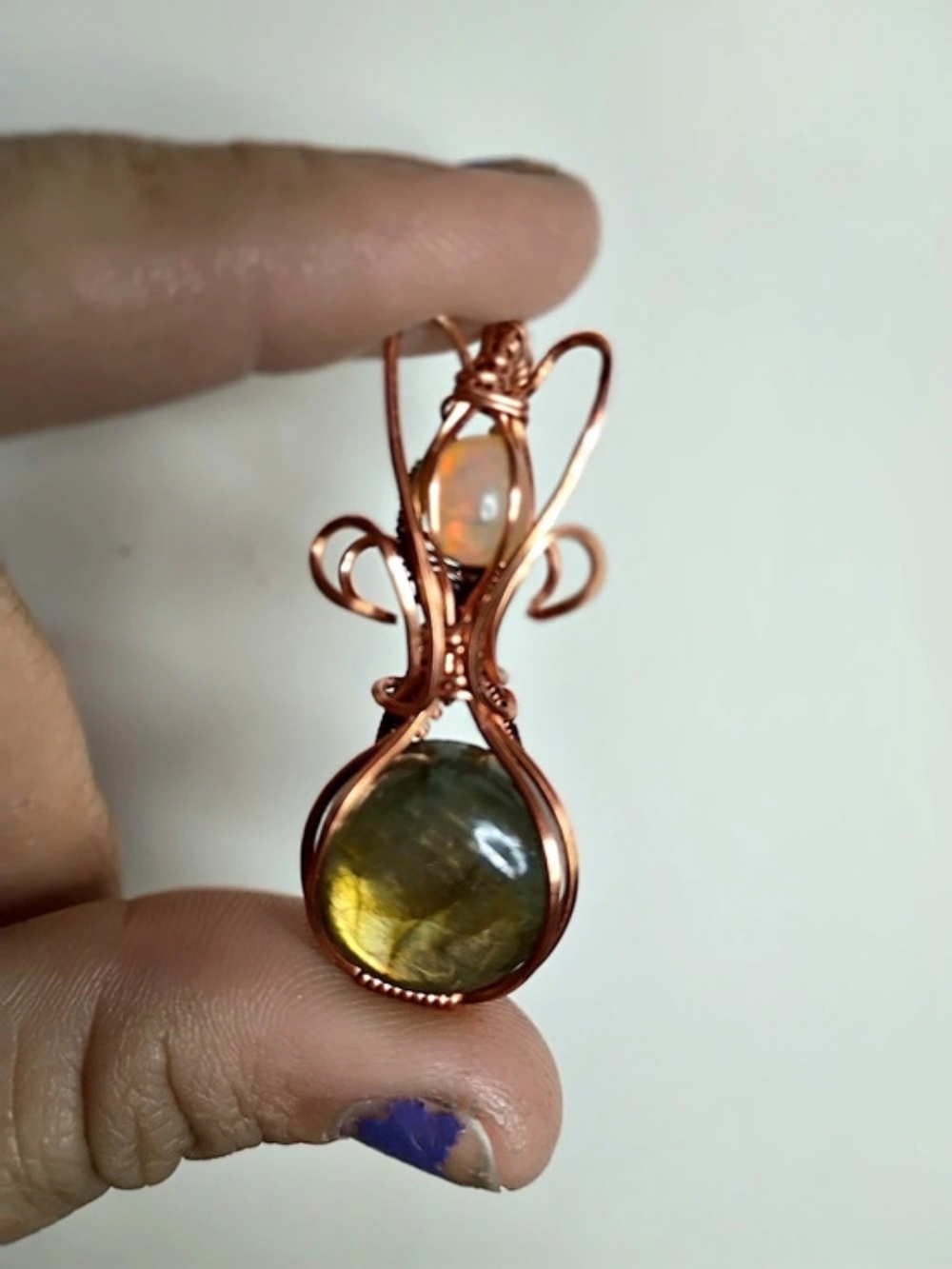 Wire-Wrapped Labrodite With Opal Accent Wrapped In CoppPendant.